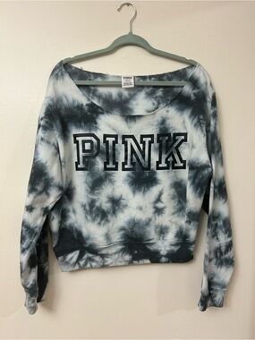 PINK Black & White Tie-Dye off the shoulder Sweatshirt